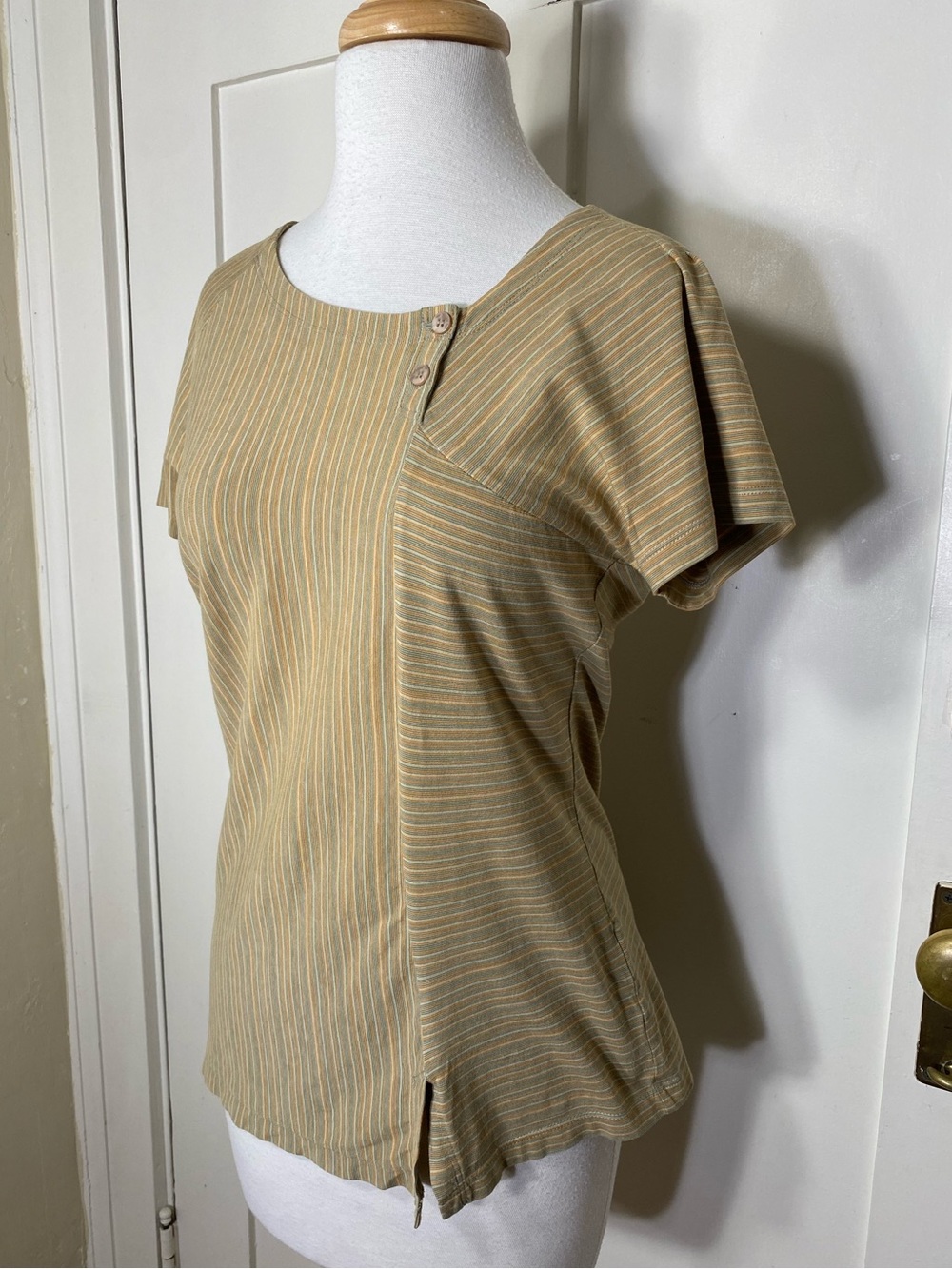 Nau Light Tan Olive Organic Cotton Striped Short-Sleeve Button Neckline Top XS